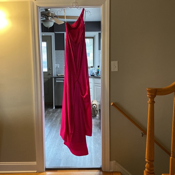 Hot Pink One Shoulder Open Back Sherri Hill Size 0 Prom Dress with Slit + bustle - Picture 2 of 16